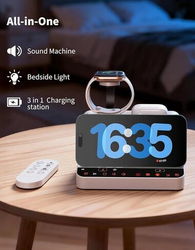 جهاز ضوضاء أبيض من MYPLUS، 10 أصوات مهدئة للنوم مع محطة شحن لاسلكية 15 وات، ضوء ليلي RGB بـ 7 ألوان، جهاز تحكم عن بعد للنوم والحضانة in Saudi Arabia