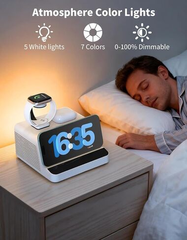 جهاز ضوضاء أبيض من MYPLUS، 10 أصوات مهدئة للنوم مع محطة شحن لاسلكية 15 وات، ضوء ليلي RGB بـ 7 ألوان، جهاز تحكم عن بعد للنوم والحضانة in Saudi Arabia