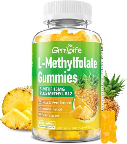L-Methylfolate 15 mg علكات مع ميثيل B12، ميثيل B1، B2، B6، نشط 5-MTHF وامتصاص عالي - يدعم صحة الدماغ والجهاز المناعي، نكهة الأناناس، 60 قطعة in Kuwait