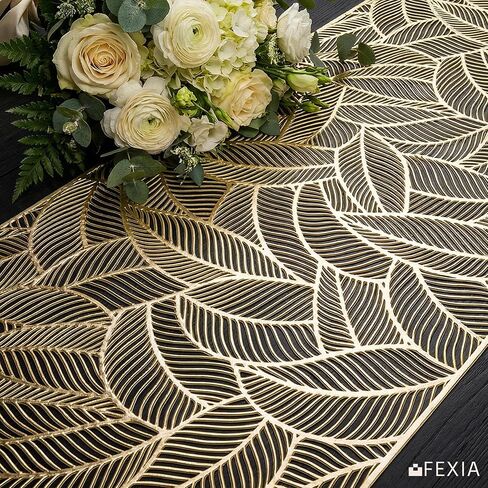 FEXIA مفرش طاولة طعام ذهبي مقاس 14 × 72 بوصة، مفرش طاولة مجوف مقاوم للحرارة، غطاء طاولة مزخرف من الفينيل مقاوم للماء وقابل للغسل لحفلات الزفاف والولائم المنزلية ومطعم المزرعة العتيق in Kuwait