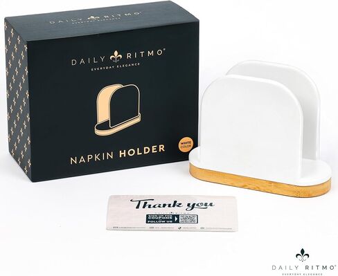 DAILY RITMO® حامل مناديل أبيض بقاعدة من الخيزران | تصميم رأسي بقاعدة مرجحة ممتدة لمناشف الضيوف والمناديل الورقية الكبيرة التي تستخدم لمرة واحدة | راتينج حديث يشبه السيراميك in Kuwait