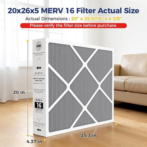 2 حزمة Y6604 20x26x5 MERV 16 استبدال فلتر الهواء، متوافق مع Lennox Y6604 لنظام تنقية الهواء PureAir PCO3-20-16، مرشح فرن MERV 16 لأنظمة التدفئة والتهوية وتكييف الهواء in Kuwait