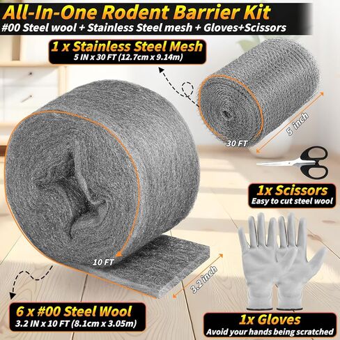 التحكم في الفئران من الصوف الفولاذي، 6 عبوات من الصوف الفولاذي مقاس 3.2 بوصة × 60 قدمًا #00 من الصوف الفولاذي وحزمة واحدة من شبكة سلكية مقاس 5 بوصة × 30 قدمًا، صوف من الفولاذ المقاوم للصدأ الناعم يبقي الماوس بعيدًا عن الثقوب والحواجز وحشو الفجوات لخط أناب in Kuwait