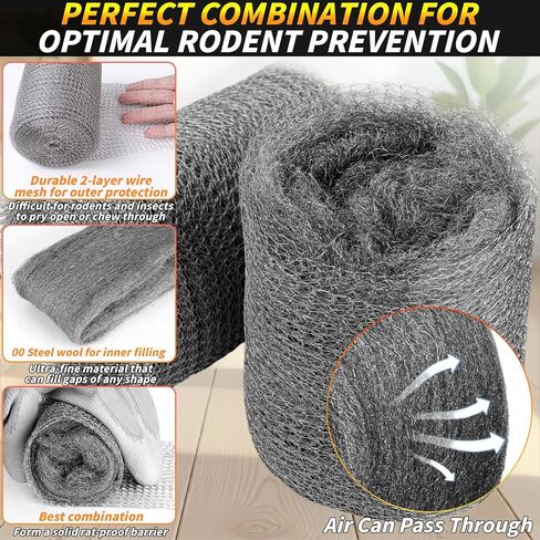التحكم في الفئران من الصوف الفولاذي، 6 عبوات من الصوف الفولاذي مقاس 3.2 بوصة × 60 قدمًا #00 من الصوف الفولاذي وحزمة واحدة من شبكة سلكية مقاس 5 بوصة × 30 قدمًا، صوف من الفولاذ المقاوم للصدأ الناعم يبقي الماوس بعيدًا عن الثقوب والحواجز وحشو الفجوات لخط أناب in Kuwait