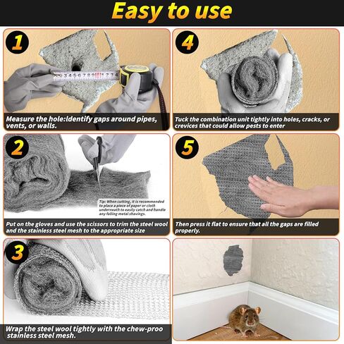 التحكم في الفئران من الصوف الفولاذي، 6 عبوات من الصوف الفولاذي مقاس 3.2 بوصة × 60 قدمًا #00 من الصوف الفولاذي وحزمة واحدة من شبكة سلكية مقاس 5 بوصة × 30 قدمًا، صوف من الفولاذ المقاوم للصدأ الناعم يبقي الماوس بعيدًا عن الثقوب والحواجز وحشو الفجوات لخط أناب in Kuwait