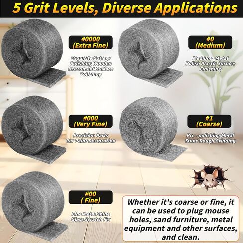 التحكم في الفئران من الصوف الفولاذي، 6 عبوات من الصوف الفولاذي مقاس 3.2 بوصة × 60 قدمًا #00 من الصوف الفولاذي وحزمة واحدة من شبكة سلكية مقاس 5 بوصة × 30 قدمًا، صوف من الفولاذ المقاوم للصدأ الناعم يبقي الماوس بعيدًا عن الثقوب والحواجز وحشو الفجوات لخط أناب in Kuwait