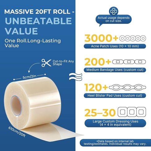 Medical Grade Hydrocolloid Roll 2 Inch x 20FT – Extra Long Waterproof Self-Adhesive Hydrocolloid Tape for Wound Care, Blisters, First Aid, Burn Dressing & Large Acne Patch Treatment in Saudi Arabia