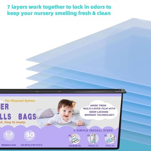 أكياس إعادة ملء Diaper Pail ، متوافقة مع Genie Easy Roll Signature Pail و Platinum Diaper Pail ، تقنية Barier ذات 7 طبقات ، 30 كيسًا لكل حزمة -2pack in Saudi Arabia