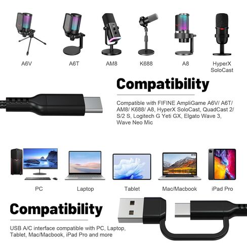 USB A/C to Type C Microphone Cable Cord Compatible with Fifine AmpliGame A6V/ A6T/ AM8/ K688/ A8, HyperX SoloCast, QuadCast 2/S/2 S, Logitech G Yeti GX, TONOR TC30, Elgato Wave 3, Wave Neo Mic 10Ft in Saudi Arabia