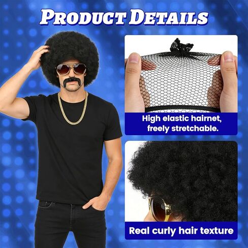nezababy 5PCS Men Afro Wig 70s Disco Costume Set Retro Glasses Mustache Necklace Curly Puff Hair Funny Outfits for Adult in Saudi Arabia