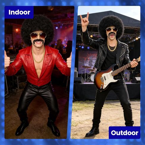 nezababy 5PCS Men Afro Wig 70s Disco Costume Set Retro Glasses Mustache Necklace Curly Puff Hair Funny Outfits for Adult in Saudi Arabia