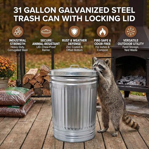 31 Gallon Metal Trash Can, Galvanized Steel Trash Can with Locking Lid – Outdoor & Indoor Heavy-Duty Garbage Can, Rodent & Rust Resistant, Ideal for Yard Waste, Pet Food Storage, and More in Saudi Arabia