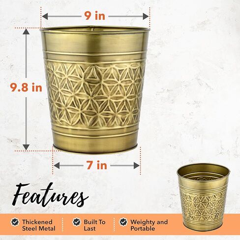 Autumn Alley Handcrafted Brass Bathroom Trash Can, Round Open-Top Bathroom Wastebasket Stylish Metal Waste Bin for Home, Office, Bedroom Decorative Waste Basket Decor, Coastal Trash Can Brass, 2 Gal. in Saudi Arabia