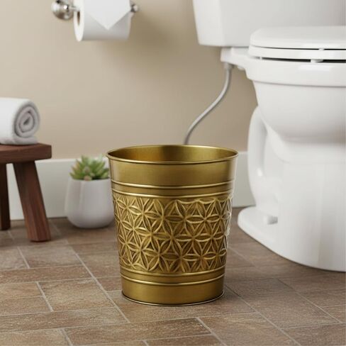 Autumn Alley Handcrafted Brass Bathroom Trash Can, Round Open-Top Bathroom Wastebasket Stylish Metal Waste Bin for Home, Office, Bedroom Decorative Waste Basket Decor, Coastal Trash Can Brass, 2 Gal. in Saudi Arabia