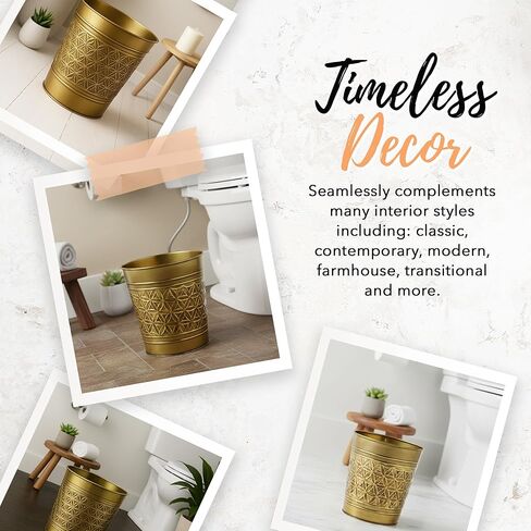 Autumn Alley Handcrafted Brass Bathroom Trash Can, Round Open-Top Bathroom Wastebasket Stylish Metal Waste Bin for Home, Office, Bedroom Decorative Waste Basket Decor, Coastal Trash Can Brass, 2 Gal. in Saudi Arabia