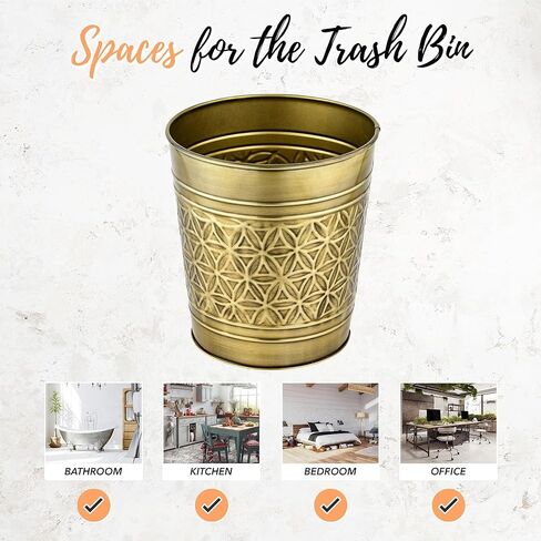 Autumn Alley Handcrafted Brass Bathroom Trash Can, Round Open-Top Bathroom Wastebasket Stylish Metal Waste Bin for Home, Office, Bedroom Decorative Waste Basket Decor, Coastal Trash Can Brass, 2 Gal. in Saudi Arabia