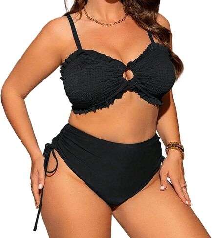 Women's Two Piece Swimsuit, Teal Blue Ruffle Bandeau Bikini Plump Female Beachwear, Textured Pleated Chubby Swimwear in Saudi Arabia