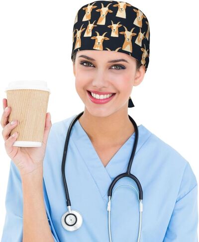 Cute Goat Print Scrub Caps Men Women, Surgical Nurse Caps Scrub Hats for Women Men Adjustable Working Cap with Sweatband Black in Saudi Arabia