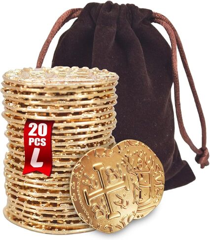 Large Metal Pirate Coins Gold Treasure Coin Set, Metal Replica Spanish Doubloons for Board Games, Tokens, Toys, Cosplay – Realistic Money Imitation for Treasure Chest -Large Size 1.18" (Gold 20 PCS) in Kuwait
