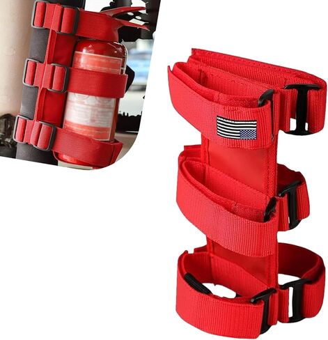 Car Roll Bar Fire Extinguisher Holder, Adjustable American Flag Decorated Fire Extinguisher Mount, for Jeep Wrangler JK JKU TJ CJ YJ LJ Fixing Strap (Red) in Saudi Arabia
