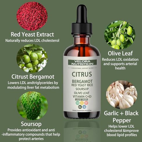 velora Red Yeast Rice Cholesterol Cleans Drops with Citrus, Bergamot, Red Yeast Rice, Soursop, Olive Leaf, Vitamin B+C, Natural, Non-GMO, Vegan 2 fl oz (1pc) in Saudi Arabia