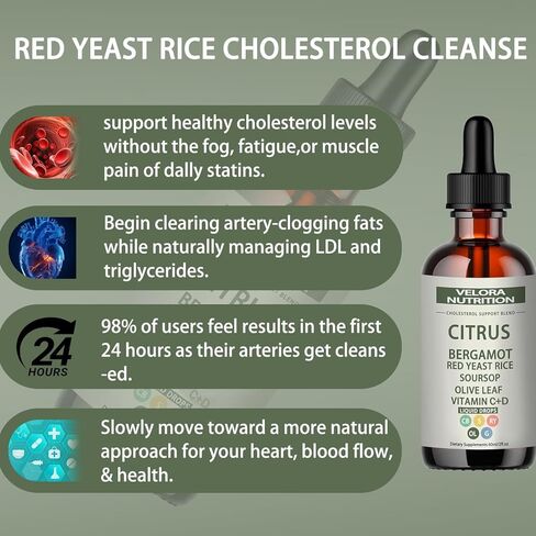velora Red Yeast Rice Cholesterol Cleans Drops with Citrus, Bergamot, Red Yeast Rice, Soursop, Olive Leaf, Vitamin B+C, Natural, Non-GMO, Vegan 2 fl oz (1pc) in Saudi Arabia