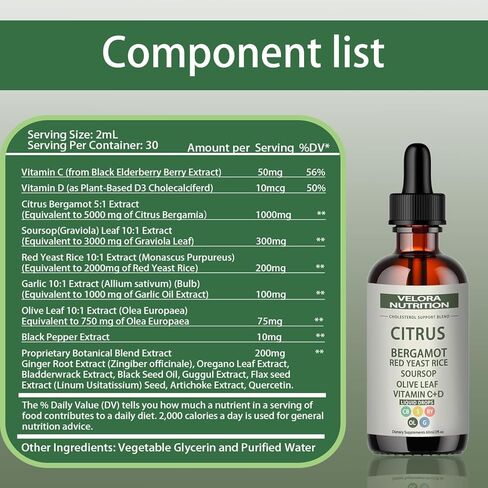velora Red Yeast Rice Cholesterol Cleans Drops with Citrus, Bergamot, Red Yeast Rice, Soursop, Olive Leaf, Vitamin B+C, Natural, Non-GMO, Vegan 2 fl oz (1pc) in Saudi Arabia