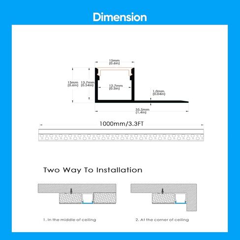 Laudert Drywall LED Channel, Trim Edge Tile LED Aluminium Channel with Milky Diffuser, Trimless Recessed Plaster in Channel Profile for LED Strip Light (6 * 3.3ft (1m)) in Saudi Arabia