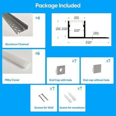 Laudert Drywall LED Channel, Trim Edge Tile LED Aluminium Channel with Milky Diffuser, Trimless Recessed Plaster in Channel Profile for LED Strip Light (6 * 3.3ft (1m)) in Saudi Arabia