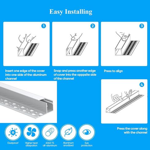 Laudert Drywall LED Channel, Trim Edge Tile LED Aluminium Channel with Milky Diffuser, Trimless Recessed Plaster in Channel Profile for LED Strip Light (6 * 3.3ft (1m)) in Saudi Arabia