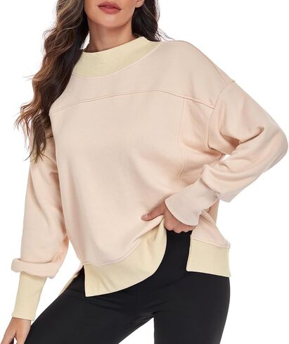 HOUZONIY سويت شيرت نسائي طويل الأكمام بفتحة جانبية وفتحة جانبية ناعمة وخفيفة الوزن للتمرين كاجوال للخريف موضة الخريف الأساسية in Kuwait