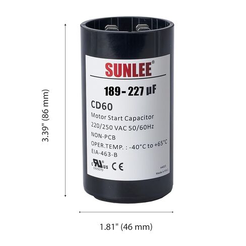 SUNLEE UL معترف به 189-227 فائق التوهج (MFD) 220-250 VAC CD60 مكثف بدء تشغيل المحرك الدائري، ±20%، 50/60 هرتز، بديل لمحرك التيار المتردد أحادي الطور، مضخة حمام السباحة أو مضخة الآبار in Kuwait