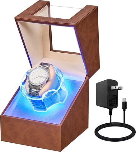 ANWBROAD Watch Winder for Automatic Watches, Quiet Motor Flexible Watch Pillows, 4 Modes Automatic Watch Winder box, Rotating Watch Case with Battery or Type-C Adapter Brown UJWW006Z in Kuwait