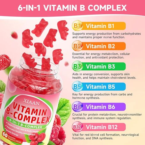 Vitamin B Complex Gummies for Women & Men - Vitamin B12, B1, B2, B3, B5, B6, B-Complex Vitamin Supplements for Energy & Immune Support, Sugar-Free/Vegan/Gluten-Free, Raspberry Flavor 60 Count in Saudi Arabia