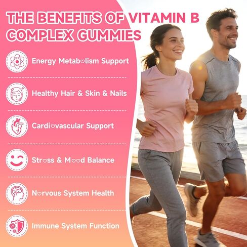 Vitamin B Complex Gummies for Women & Men - Vitamin B12, B1, B2, B3, B5, B6, B-Complex Vitamin Supplements for Energy & Immune Support, Sugar-Free/Vegan/Gluten-Free, Raspberry Flavor 60 Count in Saudi Arabia