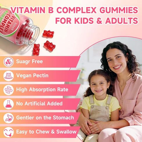 Vitamin B Complex Gummies for Women & Men - Vitamin B12, B1, B2, B3, B5, B6, B-Complex Vitamin Supplements for Energy & Immune Support, Sugar-Free/Vegan/Gluten-Free, Raspberry Flavor 60 Count in Saudi Arabia