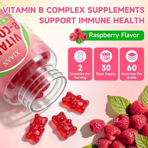 Vitamin B Complex Gummies for Women & Men - Vitamin B12, B1, B2, B3, B5, B6, B-Complex Vitamin Supplements for Energy & Immune Support, Sugar-Free/Vegan/Gluten-Free, Raspberry Flavor 60 Count in Saudi Arabia