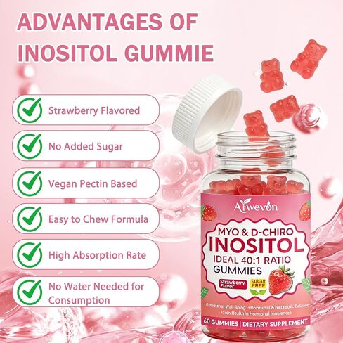 Myo-Inositol & D-Chiro Inositol Gummies 40:1 Ratio – Hormone Balance Supplement for Women – Ovarian & Fertility Support with Vitamins – Myo Chiro Inositol Gummies for Womens Health, 60 Count in Saudi Arabia