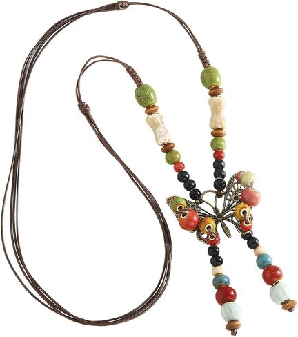 Boho Necklace for Women,Vintage Butterfly Pendant Necklaces,Adjustable Wooden Beads Layered Braided Choker,Fashion Tribal Style Leather Rope Necklace Jewelry,Chunky Statement Gift for Women in Saudi Arabia