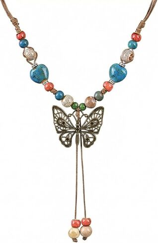 Boho Necklace for Women,Vintage Butterfly Pendant Necklaces,Adjustable Wooden Beads Layered Braided Choker,Fashion Tribal Style Leather Rope Necklace Jewelry,Chunky Statement Gift for Women in Saudi Arabia