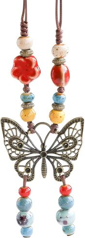 Boho Necklace for Women,Vintage Butterfly Pendant Necklaces,Adjustable Wooden Beads Layered Braided Choker,Fashion Tribal Style Leather Rope Necklace Jewelry,Chunky Statement Gift for Women in Saudi Arabia