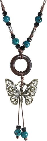 Boho Necklace for Women,Vintage Butterfly Pendant Necklaces,Adjustable Wooden Beads Layered Braided Choker,Fashion Tribal Style Leather Rope Necklace Jewelry,Chunky Statement Gift for Women in Saudi Arabia
