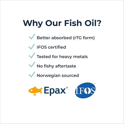 زيت السمك EPAX® النرويجي أوميغا 3 - 1000 ملجم EPA وDHA، نموذج rTG لامتصاص فائق، معتمد من IFOS، لا يوجد تجشؤ مريب، تم اختباره من قبل طرف ثالث، دعم دماغ القلب والمفاصل - 120 كبسولة هلامية in Kuwait