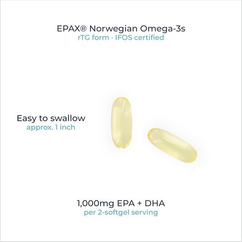 زيت السمك EPAX® النرويجي أوميغا 3 - 1000 ملجم EPA وDHA، نموذج rTG لامتصاص فائق، معتمد من IFOS، لا يوجد تجشؤ مريب، تم اختباره من قبل طرف ثالث، دعم دماغ القلب والمفاصل - 120 كبسولة هلامية in Kuwait