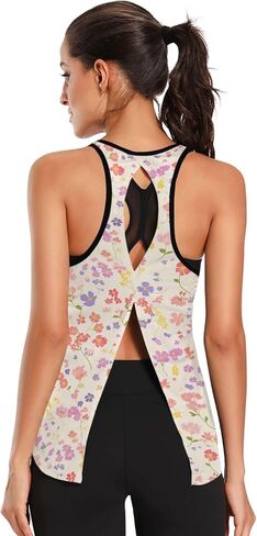قمصان يوغا تانك النشطة، قمصان نسائية ملونة بنمط الزهور البرية وربطة ظهر بدون ظهر، توب رياضي للجري in Kuwait