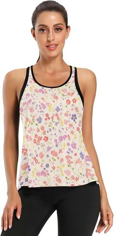 قمصان يوغا تانك النشطة، قمصان نسائية ملونة بنمط الزهور البرية وربطة ظهر بدون ظهر، توب رياضي للجري in Kuwait