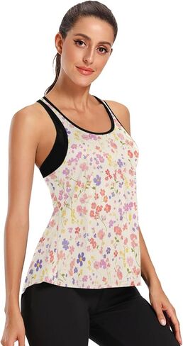 قمصان يوغا تانك النشطة، قمصان نسائية ملونة بنمط الزهور البرية وربطة ظهر بدون ظهر، توب رياضي للجري in Kuwait