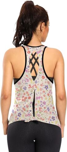 قمصان يوغا تانك النشطة، قمصان نسائية ملونة بنمط الزهور البرية وربطة ظهر بدون ظهر، توب رياضي للجري in Kuwait
