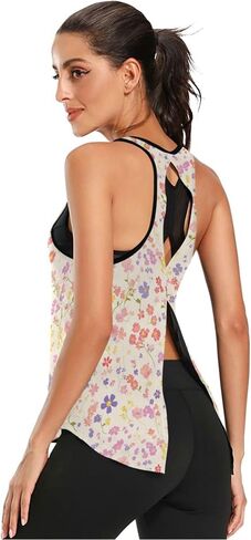 قمصان يوغا تانك النشطة، قمصان نسائية ملونة بنمط الزهور البرية وربطة ظهر بدون ظهر، توب رياضي للجري in Kuwait