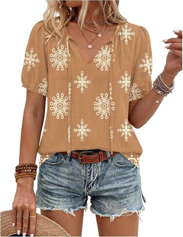 Boho Linen Tops for Women Summer V-Neck Tie Front Blouses Casual Puff Sleeve Loose-Fit Flowy Shirts Beach Vacation in Saudi Arabia